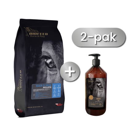 Zestaw: BIOFEED Horse & Pony Hair & Skin Pellets 25 kg + Olej rzepakowy dla koni BIOFEED Horse & Pony Soya Oil 1 l