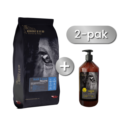 Zestaw: BIOFEED Horse & Pony Hair & Skin Pellets 25 kg + Olej rzepakowy dla koni BIOFEED Horse & Pony Canola Oil 1 l