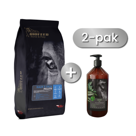 Zestaw: BIOFEED Horse & Pony Hair & Skin Pellets 25 kg + BIOFEED Horse & Pony Hemp Oil 1 l