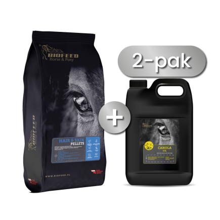 Zestaw: BIOFEED Horse & Pony Hair & Skin Pellets 25 kg + Olej rzepakowy dla koni BIOFEED Horse & Pony Canola Oil 4,5 l