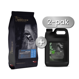 Zestaw: BIOFEED Horse & Pony Hair & Skin Pellets 25 kg + BIOFEED Horse & Pony Hemp Oil 4,5 l