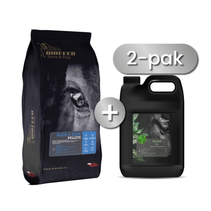 Zestaw: BIOFEED Horse & Pony Hair & Skin Pellets 25 kg + BIOFEED Horse & Pony Hemp Oil 4,5 l