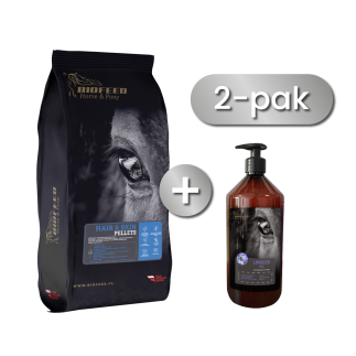 Zestaw: BIOFEED Horse & Pony Hair & Skin Pellets 25 kg + Olej rzepakowy dla koni BIOFEED Horse & Pony Linseed Oil 1 l